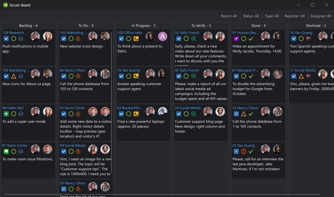 Scrum board in Virola Messenger