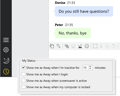 Wählen Sie Regeln, um Ihren Status automatisch zu ändern, wenn Sie abwesend sind Agentenstatus-Optionen in nativer Desktop-App