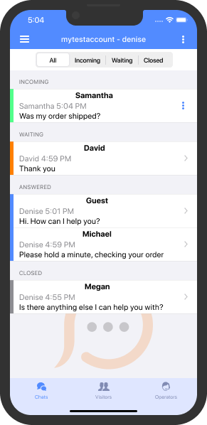 Liste der Chats, die der Bediener gerade bearbeitet Liste der aktuellen Chats des Bedieners